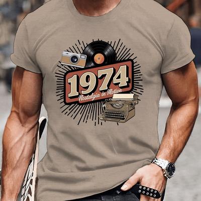 TEMU 1974 Nostalgia Vintage Inspired Illustration Print Tee Shirt, Tees For Men, Casual Short Sleeve T-shirt For Summer, Illustration Print Image
