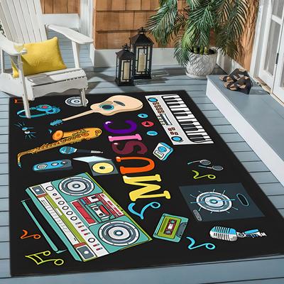 TEMU 1pc Music Themed Non-slip Area Rug, Polyester Fiber Doorway Mat For Outdoor Patio, Camping, Living Room, Bedroom Decor, Floor Mat With Vibrant Music Instruments Design Image