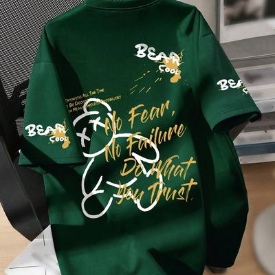 TEMU 1pc Casual Summer Boy T-shirt With Cartoon Bear Print And Slogan, Stretch, Crew Neck, Short Sleeve, Regular Fit, And Weekend , Gift For Friend Image