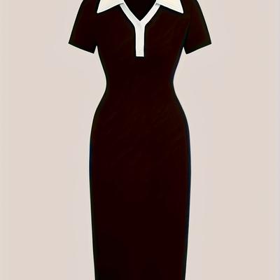 TEMU Elegant Black Bodycon Midi Dress With V-neck, Short Sleeves & Zipper Detail - Chic Short Sleeve Dress For Women, Image