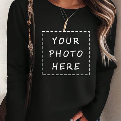 TEMU Customizable Long Sleeve Crew Neck Top - Personalized , Stretchy Polyester-spandex Blend, For Weddings, Parties, And Corporate Events, Custom Event Shirt | Personalized Clothing | Comfortable Image