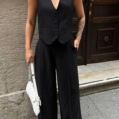 TEMU Women's Casual Two-piece Spring/summer Outfit - Sleeveless Black Vest With Buttons & Wide-leg Pants, White Shoulder Bag, Stylish Streetwear, Casual Attire | Sleeveless Fashion | Vest Image