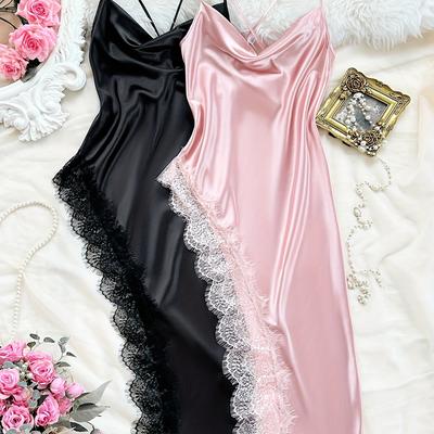 TEMU Women's Four-season Fashionable Sexy Ruffle Neck Solid Color Camisole Nightgown 2pcs Set Image