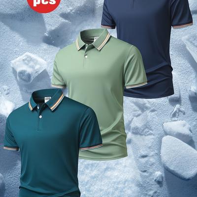 TEMU 3pcs Men's Summer Dark Blue Shirts With Contrasting Trim - Casual, Breathable, Skin-friendly, Short Sleeve, Button-up, Regular Fit - Casual Attir Image