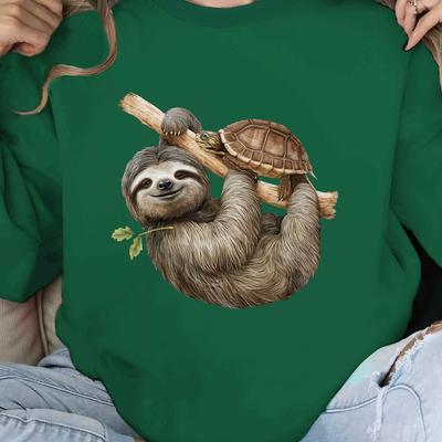 TEMU Women's Polyester Crew Neck Sweatshirt, Casual Knit Fabric Pullover, With Sloth And Turtle , Geometric Pattern, For Fall & Winter Image