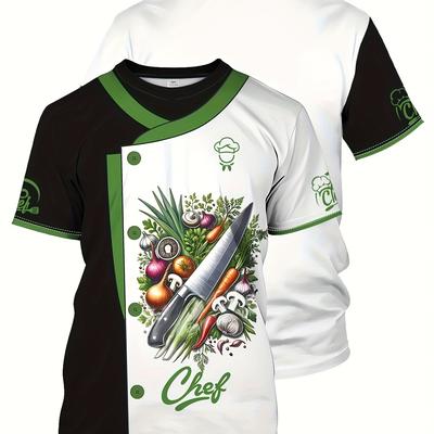 TEMU Elegant 3d Printed Chef's Uniform - Women' Kitchen Work Attire With Fresh Herbs & Knife Design, Short Sleeve, Round Neck, , Uniform | Attire | , Image
