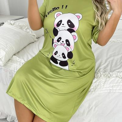 TEMU Women's Plus Size Casual Short Sleeve Sleep Dress With Cute Panda Print - Ultra Comfortable, Machine Washable In , Casual Sleepwear| Animal Print| Sleepwear Image