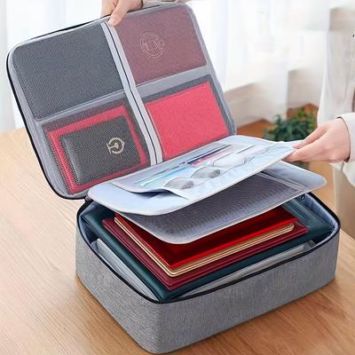 TEMU Storage Bag With Handle, Large-capacity Storage Bag, Family Passport File Storage, 3-layer Portable For Travel , Light And Durable Notebook Carrying Case Gray/blue/black. Image