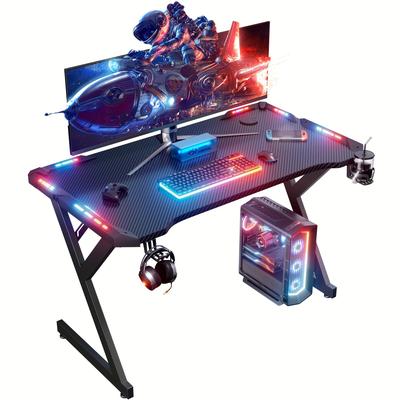 TEMU Hlonone Gaming Desk With Led, 100 X 55cm Gaming Desk, Sturdy Computer Table With Carbon Fiber Coating, Gamer Desk With Drink Holder And Headphone Hook, Black Image