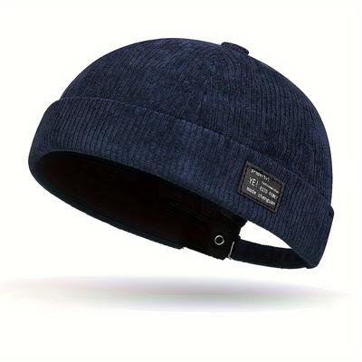 TEMU 1pc Unisex Corduroy Brimless Hip-hop Hat With Leather Label - Stylish Streetwear Tang Cap For Fall & Winter, Black, Ribbed Texture, Hand Wash Or Image