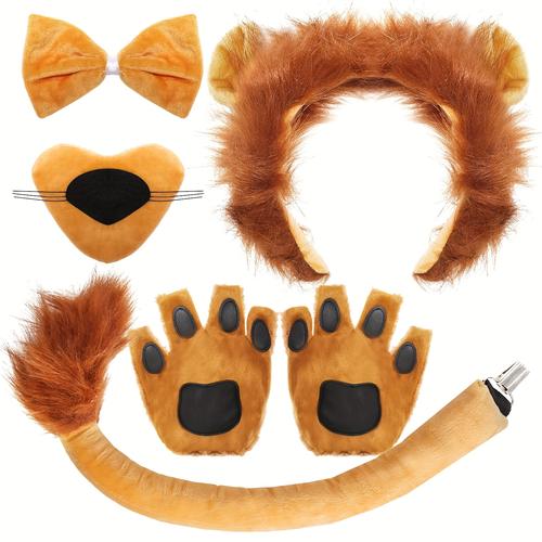 TEMU Ensemble de Costume de Lion 6 Pièces avec Coiffe à Oreilles de Lion, Queue de Lion et Gants Nœud Papillon pour pour Jouets de Rôle d'Halloween Accessoires Fête de Danse Anniversaire pour Adultes