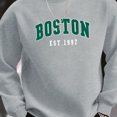 TEMU Boston Print Pullover Sweatshirt, Casual Streetwear Fashion Long Sleeve Crew Neck Sweater, Basic Top For Sports & Image