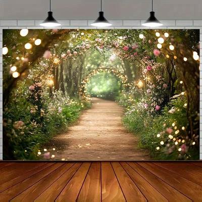 TEMU 1pc Forest Pathway Backdrop With Romantic Fairy Lights & Floral Arches - Realistic For Weddings, Parties, And Photo Shoots - Elegant Polyester Banner In Multiple Sizes, Wedding Decorations Image