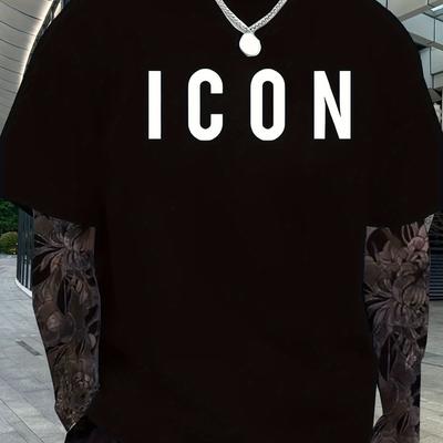 "TEMU Men's 250g Casual Short Sleeve T-shirt - Summer Crew Neck "icon" Pattern Print, Breathable Fit, Machine Washable, Comfortable Loose Style Shirt" Image
