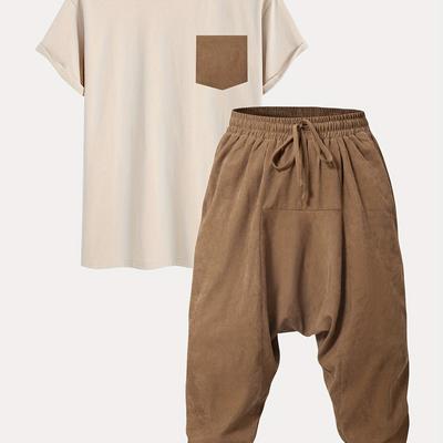 TEMU Men's Casual Corduroy Jogger Pants And T-shirt Set - Oversized, Loose Fit, Crew Neck, Short Sleeve, Non-stretch Fabric, Summer Yoga Outfit With Pockets, Relaxed Fit Clothing|| Texture Image