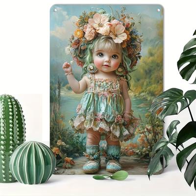 TEMU Vintage-inspired Reusable Aluminum Tin Sign - Decorative Floral Doll Metal Wall Art, Weather-resistant Plaque For Home & Bar, Pre-drilled For Easy Hanging, Applicable For 14 & Up, 8x12 Inches Image