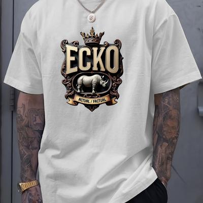 TEMU Men's Summer Casual T-shirt - Graphic Print, Short Sleeve, Crew Neck, Comfortable Polyester Blend, Black With Golden Lettering, Casual Summer Wear | Crew Neck Tshirt | Golden Lettering, Shirt Image