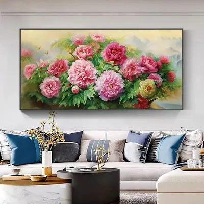 Pure handmade cross stitch finished product with blooming flowers, rich and noble national colors, peonies, colorful living