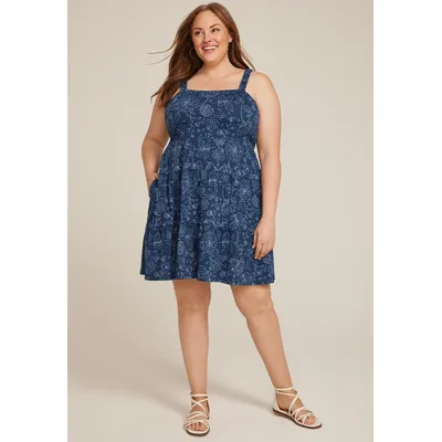 Maurices Plus Size Women's Bare Floral Smocked Bodice Tiered Mini Dress Blue Size 2X