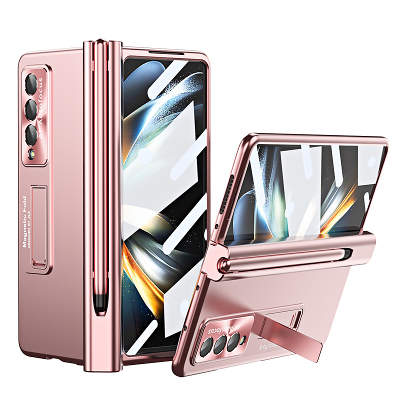 Phone Case For Samsung Galaxy Z Fold 7 Z Fold 5 Z Fold 4 Z Fold 3 Back Cover Camera Lens Protector Kickstand with S Pen Solid Colored Tempered Glass PC Metal