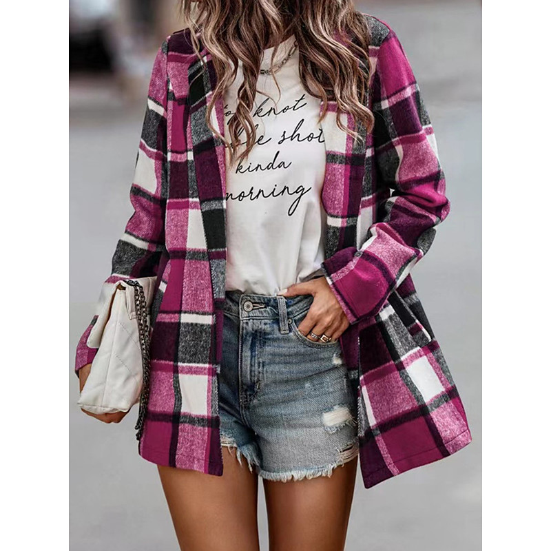 Women's Casual Jacket Outdoor Street Daily Wear Fall Winter Regular Coat Regular Fit Thermal Warm Breathable Stylish Casual Jacket Long Sleeve Stripes and Plaid with Pockets Print Red Fuchsia Orange