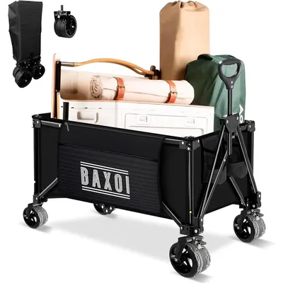 Collapsible Wagon with Wheels - Grocery Cart on Wheels Foldable with Drink Holders & Side Pocket
