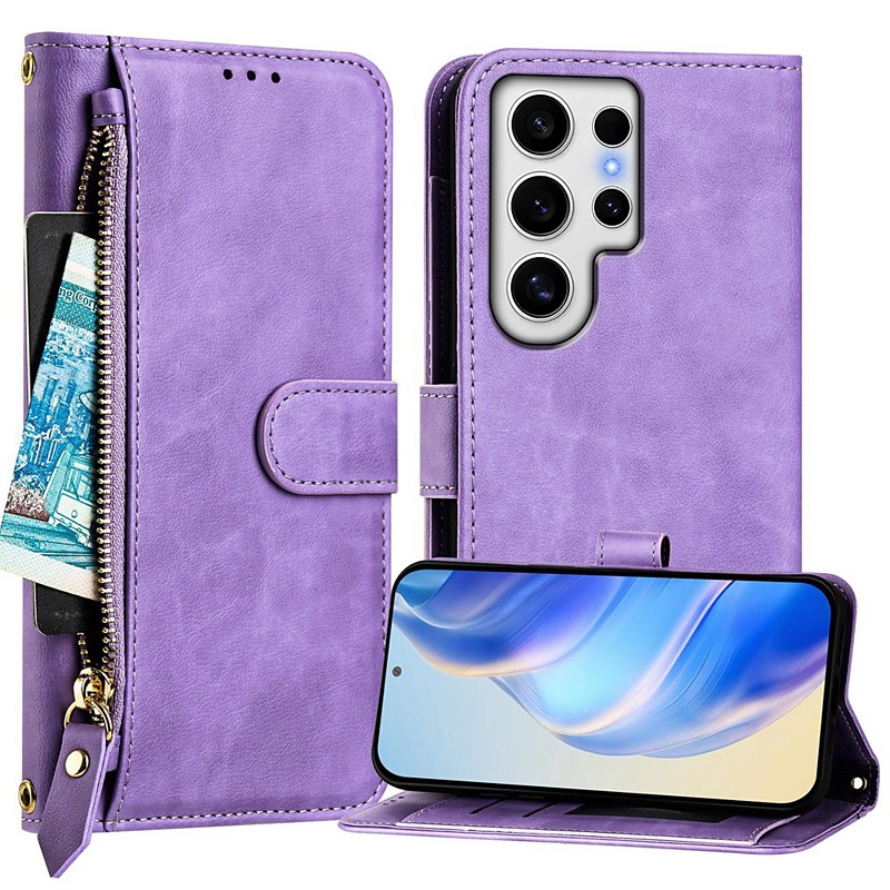 Phone Case For Samsung Galaxy S26 Ultra Plus S25 S24 S23 S24 FE S22 S21 Ultra Plus S20 A55 5G A35 5G Wallet Case with Stand Holder Zipper Full Body Protective Retro TPU PU Leather