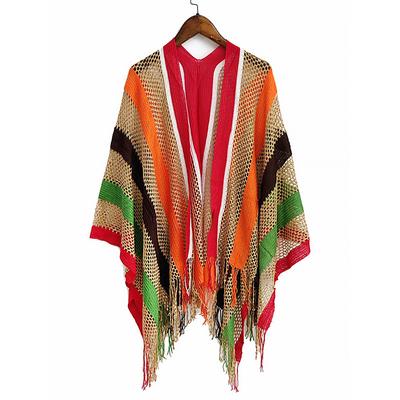 Women's Mesh Knit Beach Cover-up Scarf - Boho Striped Fringe Swimsuit Kimono, Lightweight and Breathable Summer Cardigan for Vacation, Poolside and Holiday Wear