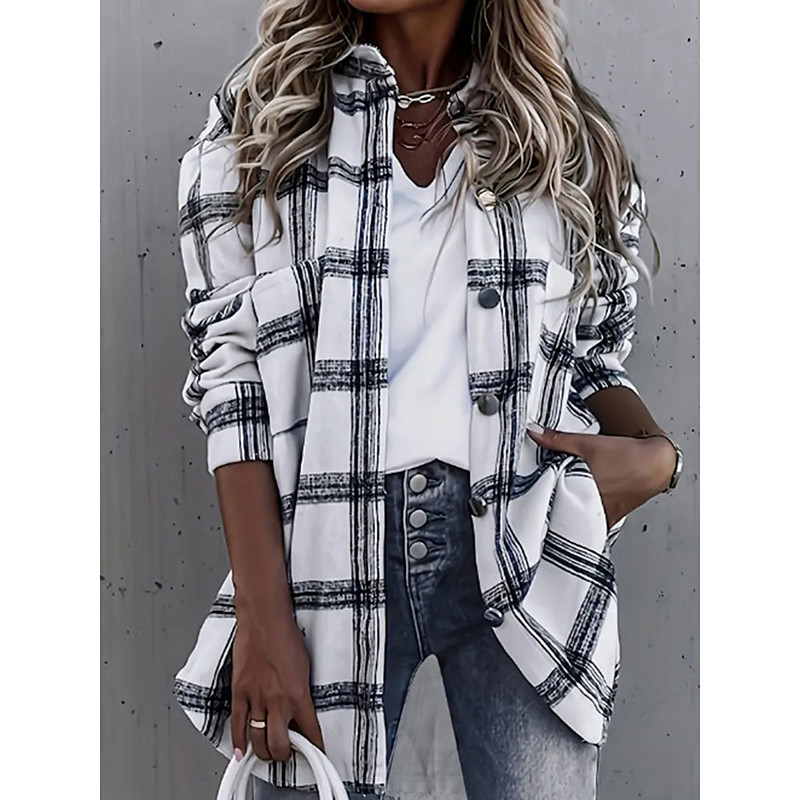 Women's Casual Jacket Outdoor Street Daily Wear Fall Winter Regular Coat Regular Fit Thermal Warm Breathable Stylish Casual Jacket Long Sleeve Stripes and Plaid with Pockets Print White