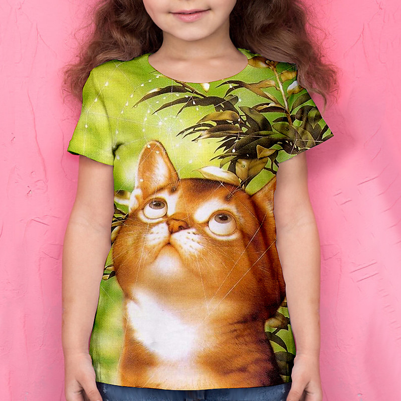 Girls' 3D Animal Cat T shirt Tee Short Sleeve 3D Print Summer Active Polyester Kids 4-12 Years School Daily Wear Regular Fit