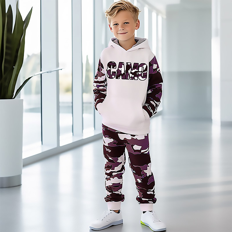 Boys 3D Graphic Camouflage Letter Hoodie Sweatpants Set HoodieSet Clothing Set Long Sleeve 3D Printing Summer Fall Active Fashion Cool Kids 3-12 Years Outdoor Vacation Street Regular Fit