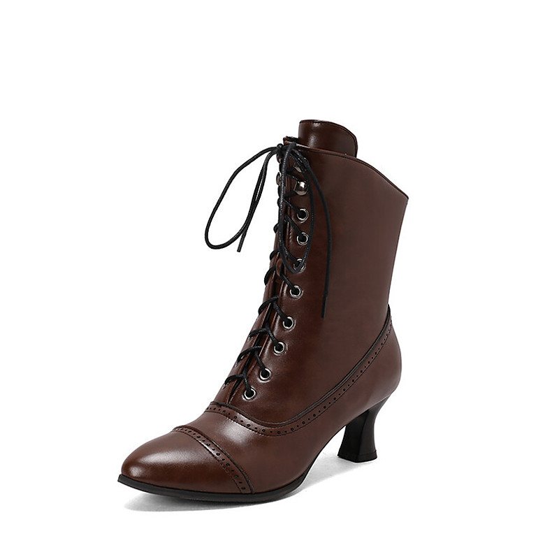 Women's Victorian Lace-Up Ankle Boots – Retro Faux Leather Heeled Boots for Cosplay, Parties, and Daily Wear