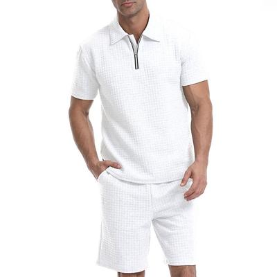 Men's Waffle Tracksuit Polo Shirt Shorts Set Outfit Set Polo Collar Quarter Zip Outdoor Daily Sports Pocket Drawstring 2 Piece Plain Black White Khaki Polyester Activewear Classic Casual Summer