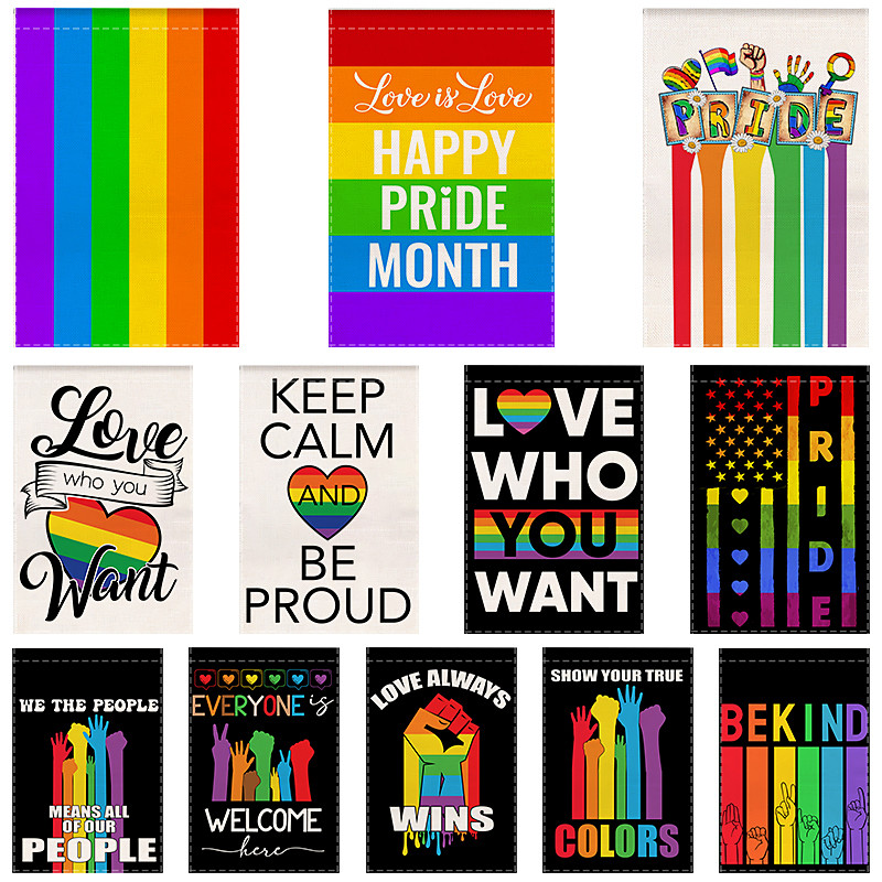 June Pride Month Rainbow Pride Month LGBTQ LGBT Garden Flags Set of 12 Double Sided 12x18Inch Yard Flags, Small Garden Flags for Outdoor Decoration Holiday Garden Flags for All Seasons Happy Pride