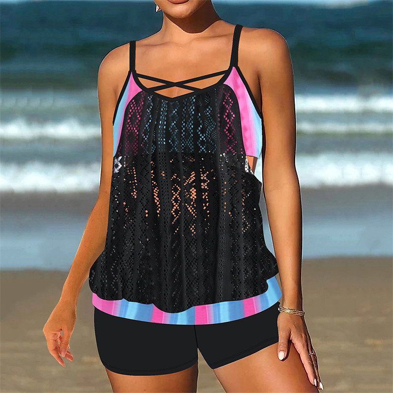 Women's Tankini Two Piece Swimsuit Racerback Swimwear Swimwear Light Pink Black / White Breathable Quick Dry Lightweight Sleeveless - Swimming Surfing Beach Summer Spring Plus Size