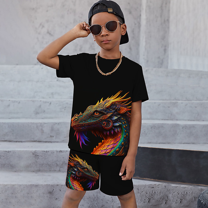 Boys 3D Graphic Animal Dragon T-shirt Shorts T-shirtSet Clothing Set Short Sleeve 3D prints Summer Spring Active Sports Fashion Kids 3-13 Years Outdoor Vacation Street Regular Fit