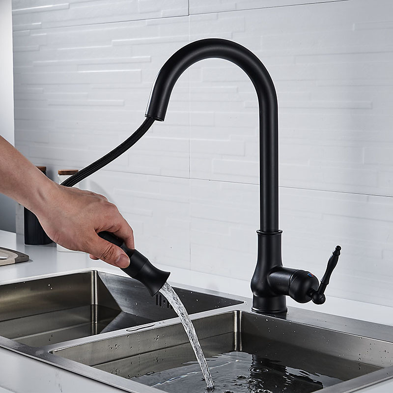 Kitchen Sink Mixer Faucet with Pull Out Spray, 360 Swivel Pull Down Vessel Taps Antique Brass/Black Deck Mounted, Antique Single Handle One Hole Kitchen Taps