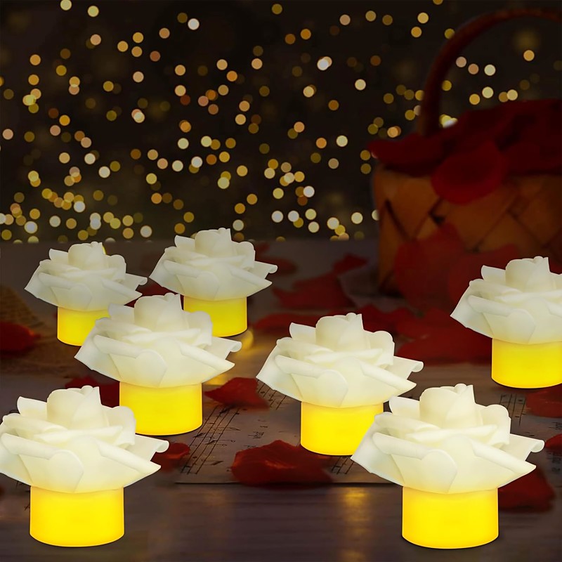 12pcs LED Tea Lights Candles Artificial Rose Petals Electric Candle Light Romantic Flameless Candle Battery Powered Christmas Valentine Wedding Birthday Party Scene Decoration