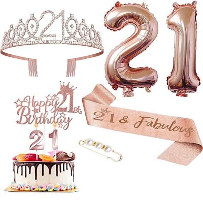 Birthday Party Rose Gold Deluxe 6-Piece Set - Balloon Numbers (10-80), Tiara, Sash, Cake Candles, Cake Topper - for Girls Women