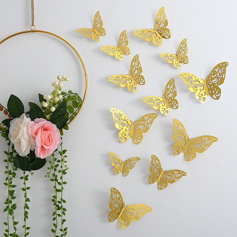 12pcs Golden Butterfly Decorations - 3D Wall Art for Parties, Crafts, and Baby Showers - Easy to Apply Stickers for Beautiful and Elegant Decor