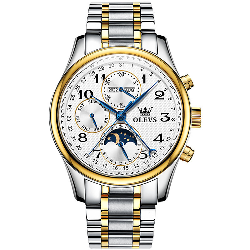 OLEVS Men Mechanical Watch Calendar Luxury Waterproof Wristwatch Automatic Self-winding Moon phase Dual Display Calendar Stainless Steel Strap Watch