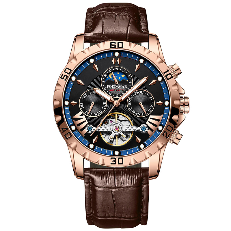 1410 Men's Automatic Mechanical Watch – Multifunctional Tourbillon with Genuine Leather Strap, Luminous Dial, 30M Waterproof, Sapphire Glass, Classic Business