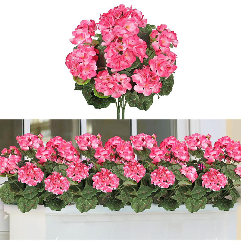 Artificial Red Geranium Silk Flowers Outdoor Plant Bush 2 Bundles Faux Flowers Geraniums for Outdoors Floral Home Decor Indoor Garden Patio Vase Grave Cemetary Table Centerpieces Decor