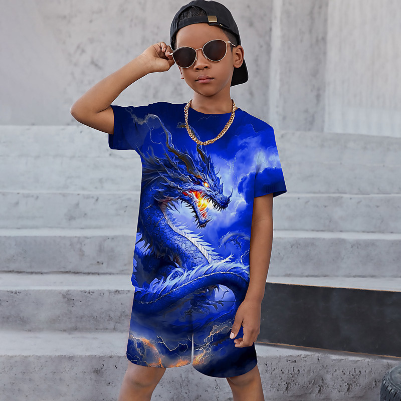 Boys 3D Graphic Animal Dragon T-shirt Shorts T-shirtSet Clothing Set Short Sleeve 3D prints Summer Spring Active Sports Fashion Kids 3-13 Years Outdoor Vacation Street Regular Fit