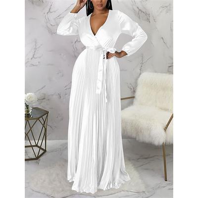 Women's Long Dress Maxi Dress Party Dress Sheath Dress Swing Dress Pure Color Fashion Romantic Party Wedding Guest Cocktail Party Pleated With Belt Long Sleeve V Neck Dress Regular Fit Black White