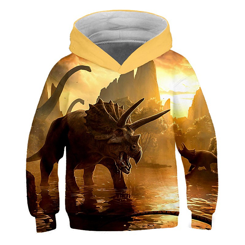 Kids Toddler Boys' Hoodie Sweatshirt Long Sleeve Dinosaur Fantastic Beasts 3D Print Color Block Animal White Blue Yellow Children Tops Active Streetwear Children's Day 2-12 Years