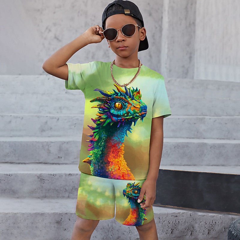 Boys 3D Graphic Animal Dragon T-shirt Shorts T-shirtSet Clothing Set Short Sleeve 3D prints Summer Spring Active Sports Fashion Kids 3-13 Years Outdoor Vacation Street Regular Fit