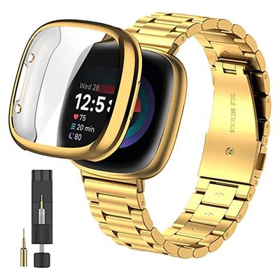 Smart Watch Band Compatible with Fitbit Versa 4 Versa 3 Versa 2 Versa Lite Sense 2 Sense Stainless Steel Smartwatch Strap with Case Metal Clasp Shockproof Sport Band Replacement Wristband
