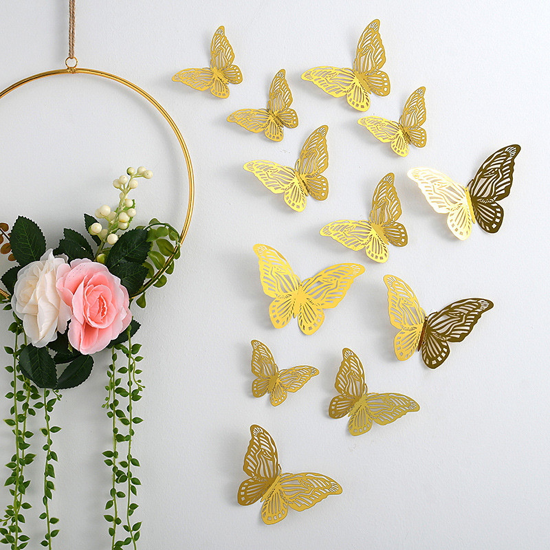 12pcs Golden Butterfly Decorations - 3D Wall Art for Parties, Crafts, and Baby Showers - Easy to Apply Stickers for Beautiful and Elegant Decor