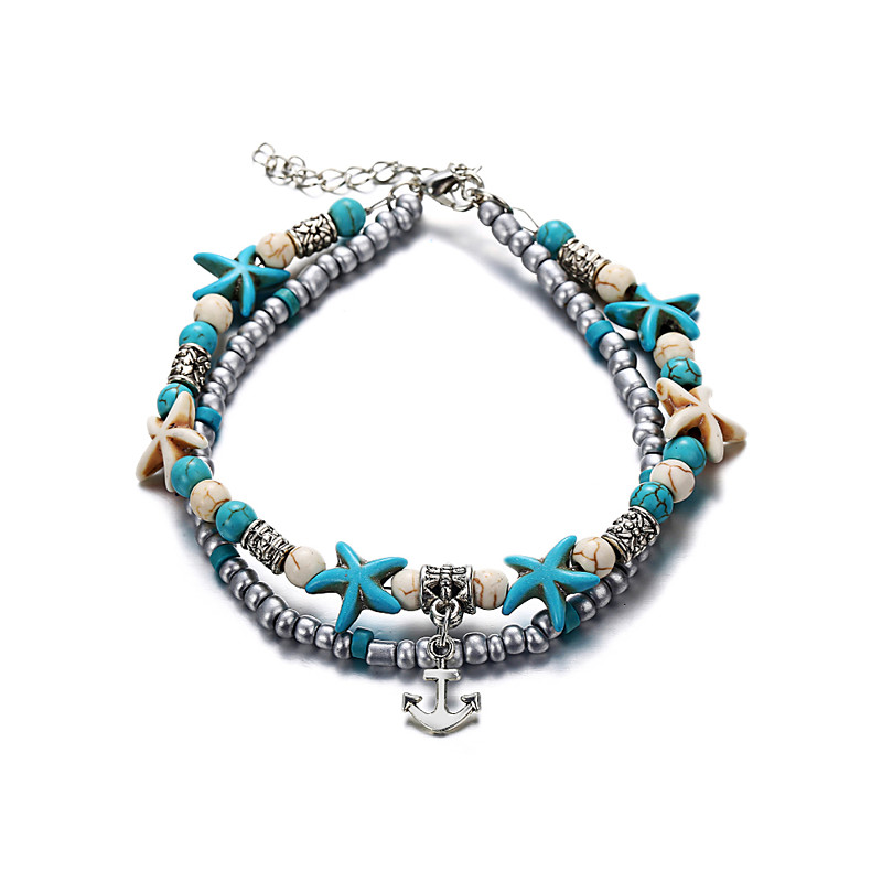 Boho Starfish Turtle Charm Anklet – Handmade Beaded Layered Ankle Bracelet, Beach Surfer Jewelry for Women Girls, Summer Holiday Foot Accessory